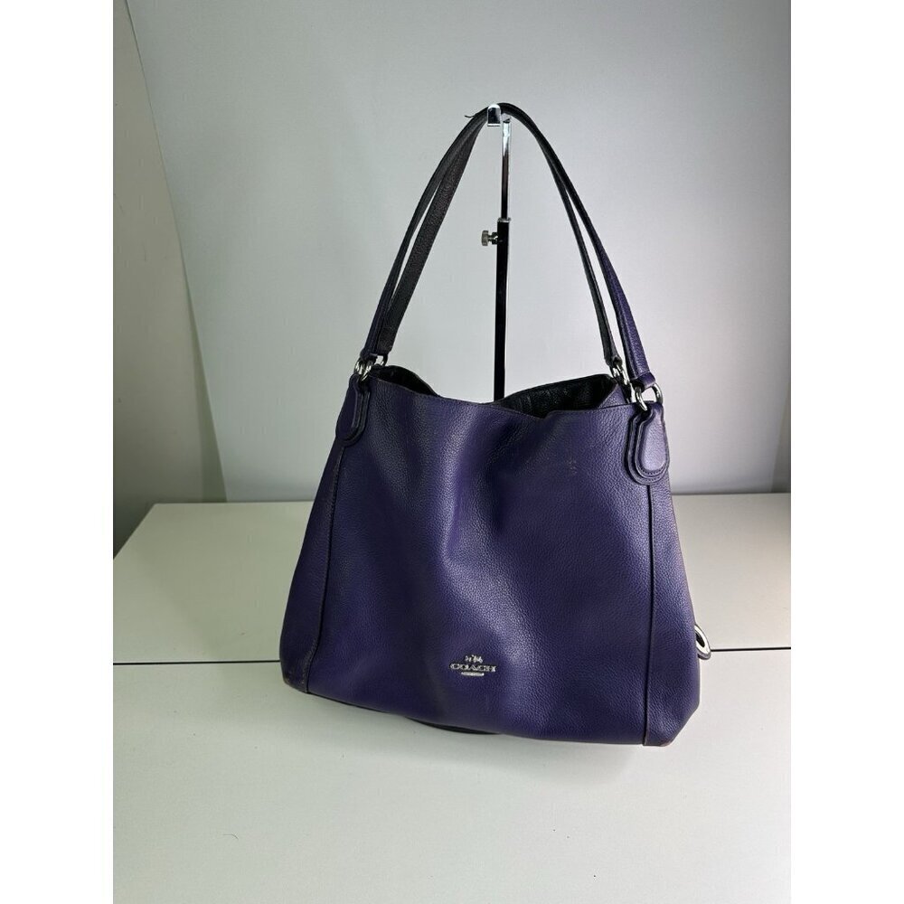 Vtg Coach Turnlock Edie Dark Purple Pebble Leather Shoulder Bag